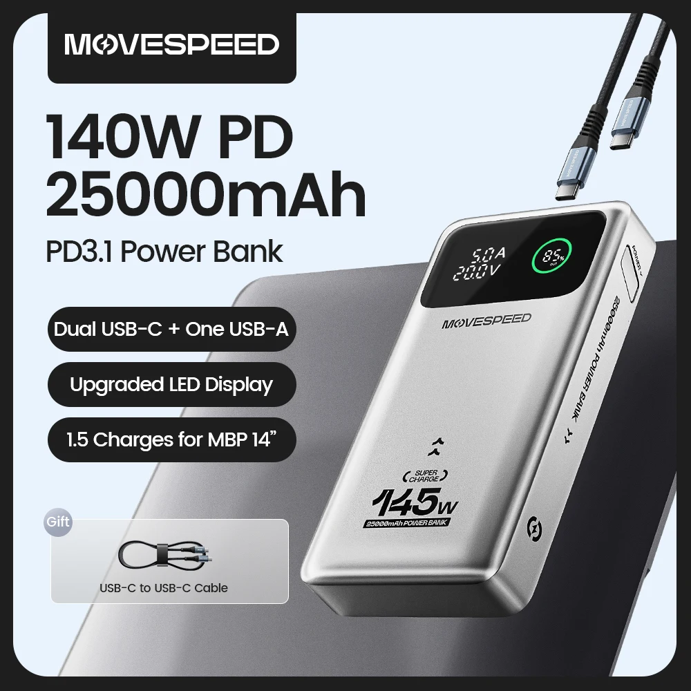 MOVESPEED M25Pro 140W 보조배터리 25000mAh 대용량 PD3.1 c타입 100W 초고속 보조베터리 맥북 레노버 HP 델 LG 노트북용 USB-C 휴대용 파워뱅크 추천상품